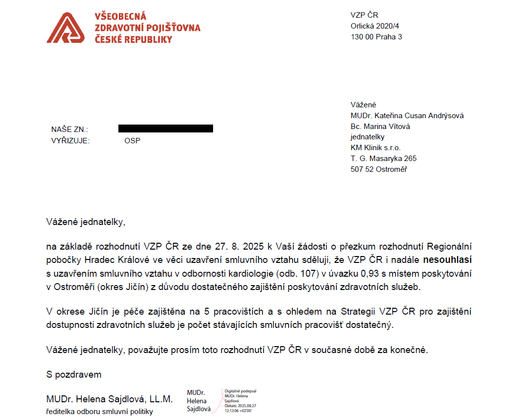 Vyjádření pojišťovny VZP k neuzavření smluvního vztahu s Kardiologickou ambulancí